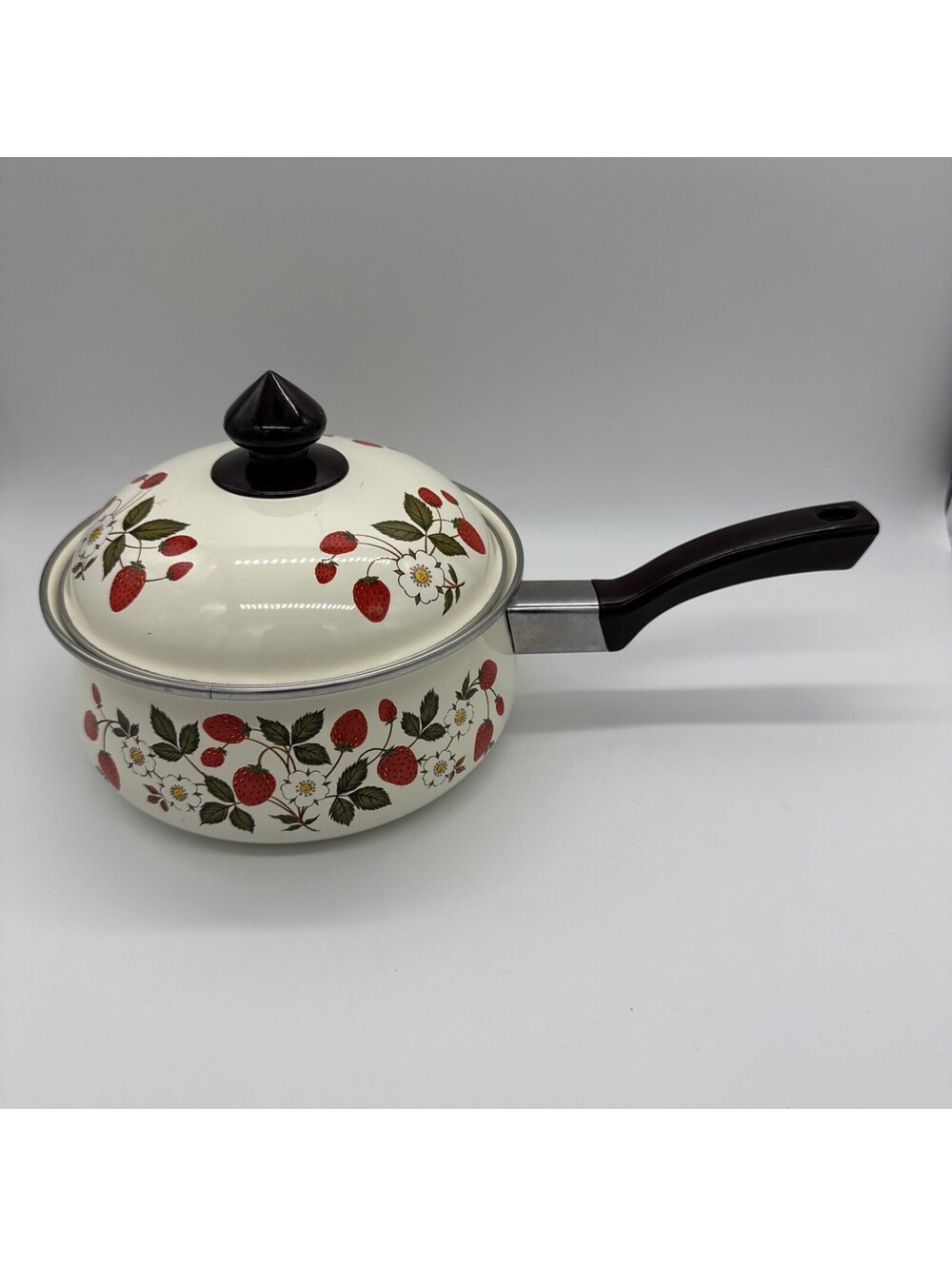 Vintage Enamelware Strawberry Pattern Saucepan Pot with Lid 7.75 Inch Cottage